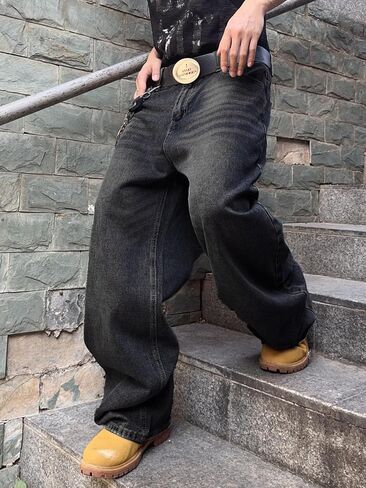 Mens Streetwear Hip Hop Baggy Jeans Wide Leg Skater Denim Pants Loose Long Trousers in Kuwait