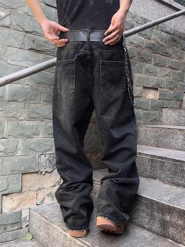 Mens Streetwear Hip Hop Baggy Jeans Wide Leg Skater Denim Pants Loose Long Trousers in Kuwait