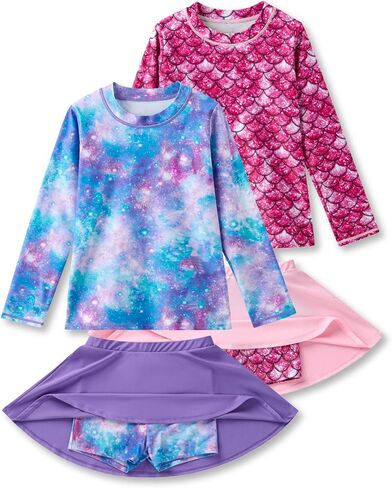 2 Pack: Girls Rash Guard Two Piece Bathing Suit Long Sleeve Swimsuit - Toddler Swimwear with Skirts Shorts 3T-12Y in Kuwait
