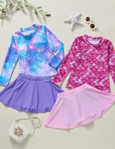2 Pack: Girls Rash Guard Two Piece Bathing Suit Long Sleeve Swimsuit - Toddler Swimwear with Skirts Shorts 3T-12Y in Kuwait