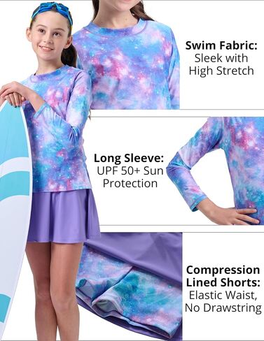 2 Pack: Girls Rash Guard Two Piece Bathing Suit Long Sleeve Swimsuit - Toddler Swimwear with Skirts Shorts 3T-12Y in Kuwait