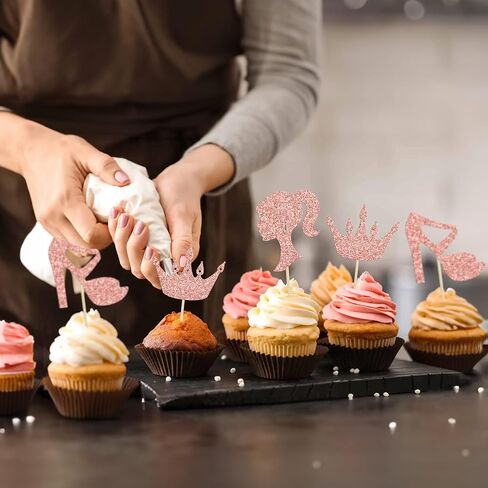 ephlyn 24pcs Hot Pink Glitter Princess Cupcake Topcake Doll Heal High Heel Cupcake Topper Girl Birthdy موضوع كب كيك لالتقاط اللوازم حفلة عيد ميلاد للاستحمام in Kuwait