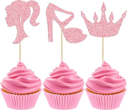 ephlyn 24pcs Hot Pink Glitter Princess Cupcake Topcake Doll Heal High Heel Cupcake Topper Girl Birthdy موضوع كب كيك لالتقاط اللوازم حفلة عيد ميلاد للاستحمام in Kuwait