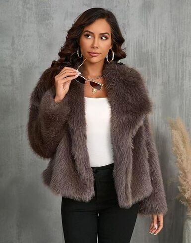 Women's Faux Fur Coat Cropped Fluffy Jacket Long Sleeve Open Front Shaggy Short Coat Outerwear in Kuwait