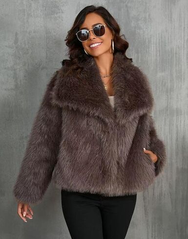 Women's Faux Fur Coat Cropped Fluffy Jacket Long Sleeve Open Front Shaggy Short Coat Outerwear in Kuwait