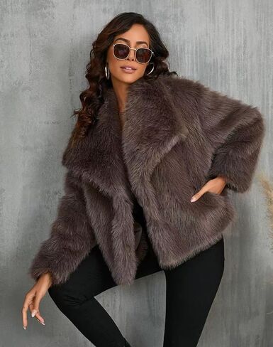 Women's Faux Fur Coat Cropped Fluffy Jacket Long Sleeve Open Front Shaggy Short Coat Outerwear in Kuwait