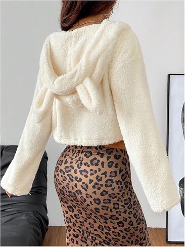 MakeMeChic Women's Faux Fur Bunny Ear Crop Teddy Coat Full Zip Drawstring Long Sleeve Fleece Outerwear in Saudi Arabia