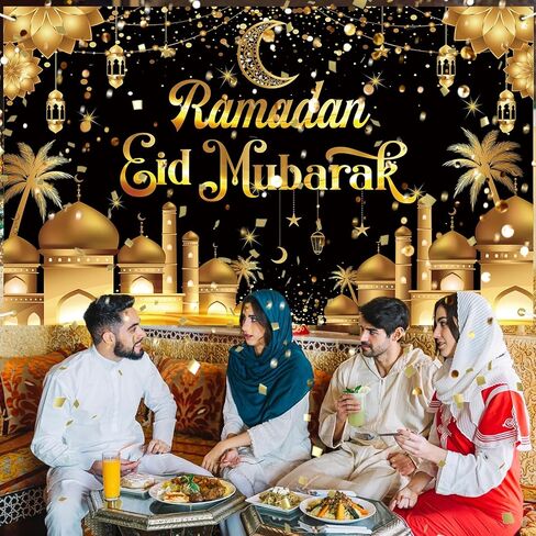 2 في 1 رمضان عيد مبارك بانر مع مون نجم فانوس ، ورمضان قبل المترونغ معلقة لمهرجان عيد رمضان الإسلامي ، الذهب جيلتير in Kuwait