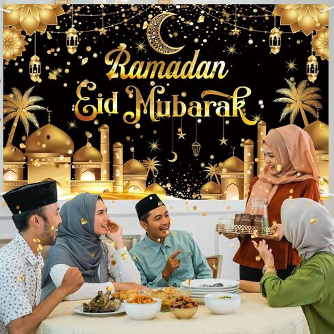 2 في 1 رمضان عيد مبارك بانر مع مون نجم فانوس ، ورمضان قبل المترونغ معلقة لمهرجان عيد رمضان الإسلامي ، الذهب جيلتير in Kuwait