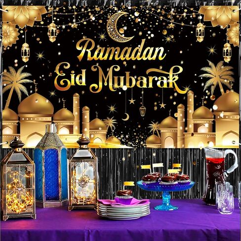 2 في 1 رمضان عيد مبارك بانر مع مون نجم فانوس ، ورمضان قبل المترونغ معلقة لمهرجان عيد رمضان الإسلامي ، الذهب جيلتير in Kuwait