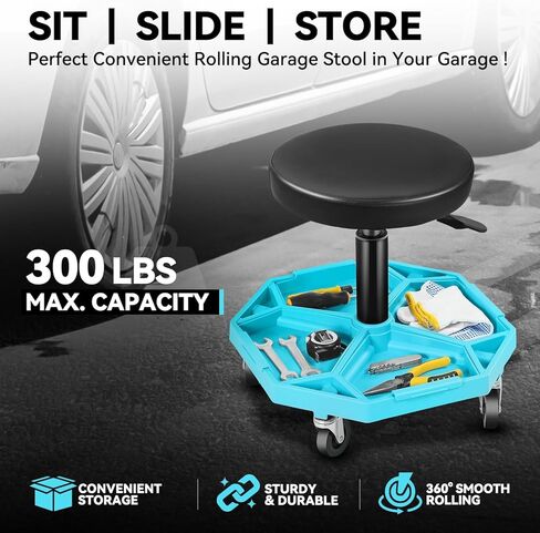 Auto Dynasty Mechanic Stool, Adjustable Rolling Pneumatic Creeper Garage Shop Seat with Tool Tray, 300 LBS Roller Seat for Workshop Auto Repair, Adjustable Height 15.7" to 21", Black/Red in Kuwait