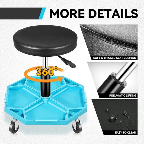 Auto Dynasty Mechanic Stool, Adjustable Rolling Pneumatic Creeper Garage Shop Seat with Tool Tray, 300 LBS Roller Seat for Workshop Auto Repair, Adjustable Height 15.7" to 21", Black/Red in Kuwait