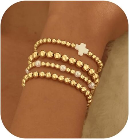 Gold Bracelets for Women, 14K Gold Plated Beaded Bracelets for Women Non Tarnish Dainty Stretch Cross Pearl Bracelet Stack Fashion Gold Womens Jewelry Preppy Stuff in Saudi Arabia