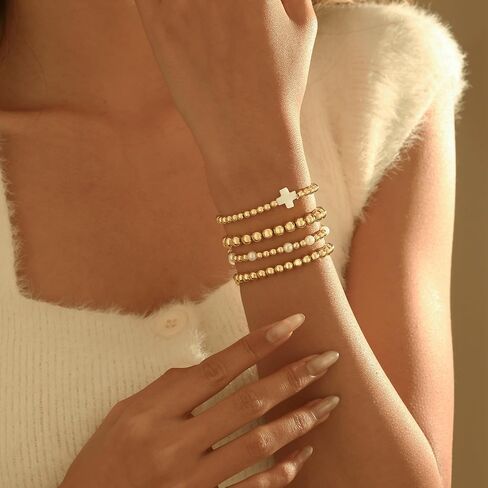 Gold Bracelets for Women, 14K Gold Plated Beaded Bracelets for Women Non Tarnish Dainty Stretch Cross Pearl Bracelet Stack Fashion Gold Womens Jewelry Preppy Stuff in Saudi Arabia