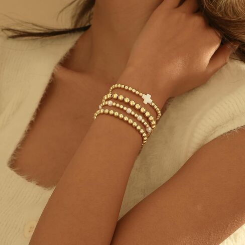 Gold Bracelets for Women, 14K Gold Plated Beaded Bracelets for Women Non Tarnish Dainty Stretch Cross Pearl Bracelet Stack Fashion Gold Womens Jewelry Preppy Stuff in Saudi Arabia