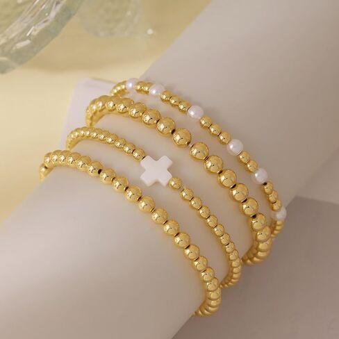 Gold Bracelets for Women, 14K Gold Plated Beaded Bracelets for Women Non Tarnish Dainty Stretch Cross Pearl Bracelet Stack Fashion Gold Womens Jewelry Preppy Stuff in Saudi Arabia