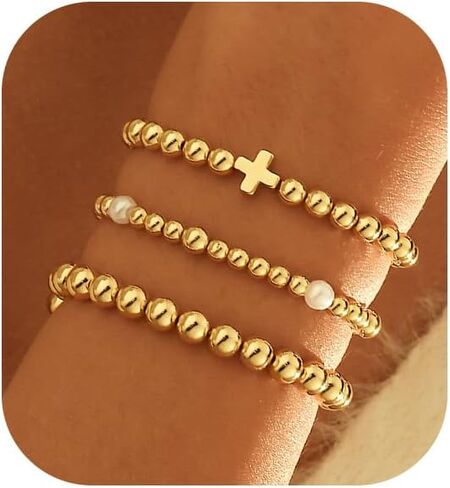 Gold Bracelets for Women, 14K Gold Plated Beaded Bracelets for Women Non Tarnish Dainty Stretch Cross Pearl Bracelet Stack Fashion Gold Womens Jewelry Preppy Stuff in Saudi Arabia
