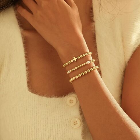 Gold Bracelets for Women, 14K Gold Plated Beaded Bracelets for Women Non Tarnish Dainty Stretch Cross Pearl Bracelet Stack Fashion Gold Womens Jewelry Preppy Stuff in Saudi Arabia