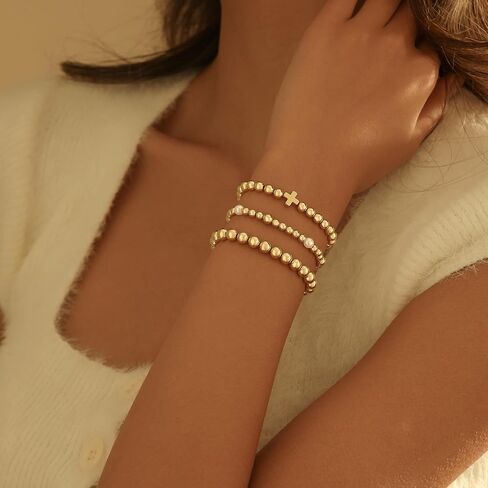 Gold Bracelets for Women, 14K Gold Plated Beaded Bracelets for Women Non Tarnish Dainty Stretch Cross Pearl Bracelet Stack Fashion Gold Womens Jewelry Preppy Stuff in Saudi Arabia