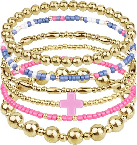 Gold Beaded Bracelets for Women: 14K Gold Bracelets for Women Trendy Dainty Gold Ball Bracelet Stack for Womens - Boho Stretch Bracelets Jewelry Sets with Cross Fashion Accessories Gifts for Women in Kuwait