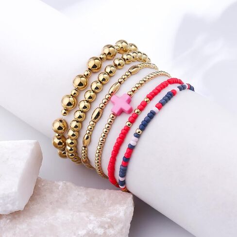 Gold Beaded Bracelets for Women: 14K Gold Bracelets for Women Trendy Dainty Gold Ball Bracelet Stack for Womens - Boho Stretch Bracelets Jewelry Sets with Cross Fashion Accessories Gifts for Women in Kuwait