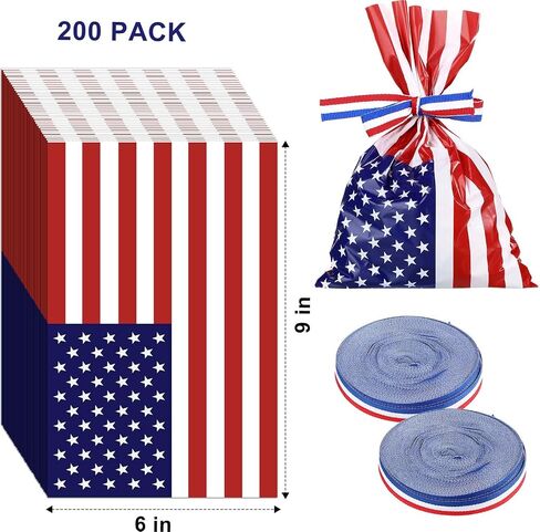 100 PCS الوطنية السيلوفان في الرابع من يوليو / تموز تعامل مع أكياس Goodie Goods يوم الاستقلال يوم الاستقلال الأحمر الأزرق الأزرق بأكياس النجم مع 22 ياردة الشريط 4th من يوليو الحزب ديكور ، 6 × 9 بوصة in Kuwait