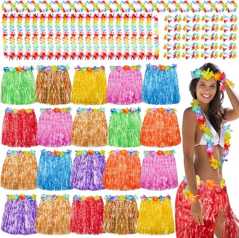 Jecery 20 Pcs Grass Skirts Hawaiian Luau Hula Skirts with 20 Leis 40 Bracelets 20 Necklaces for Women Adult Tropical Beach Holiday Hawaiian Luau Party Decorations in Kuwait