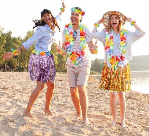 Jecery 20 Pcs Grass Skirts Hawaiian Luau Hula Skirts with 20 Leis 40 Bracelets 20 Necklaces for Women Adult Tropical Beach Holiday Hawaiian Luau Party Decorations in Kuwait
