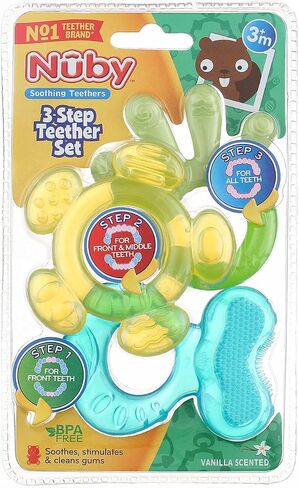 Nuby 3 خطوة مهدئة Teether 3 قطعة- الأمام ، الأوسط ، تسنين الأسنان الخلفية- الوردي/الأرجواني ، 3 م+ in Kuwait