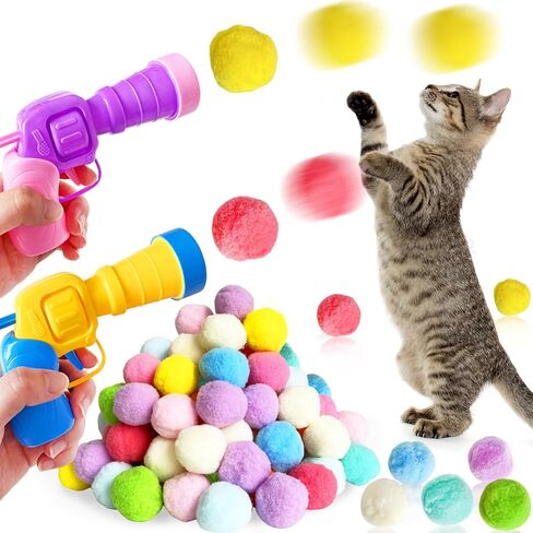كرات لعبة Cat مع مجموعة قاذفات ، 2 قاذفات لعبة Cat و 100 Glitter Cat Pom Pom Balls ، Cat Fetch Toy Interactive Toy Balls for Kitty Gifts in Kuwait