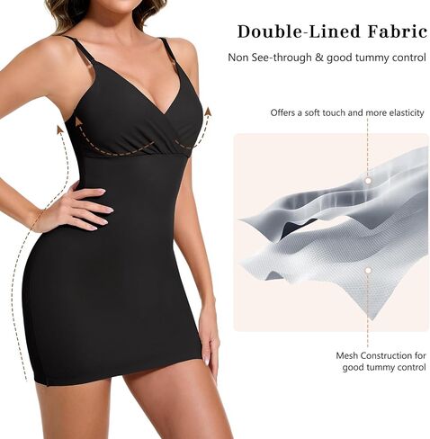 Shapewear Slips For Under Dress Tummy Control Full Slip Body Shaper Seamless Shaping Slip Knee Length Deep V Neck in Saudi Arabia