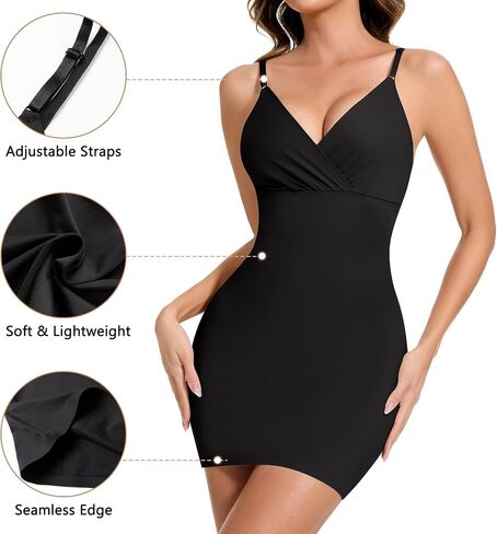 Shapewear Slips For Under Dress Tummy Control Full Slip Body Shaper Seamless Shaping Slip Knee Length Deep V Neck in Saudi Arabia
