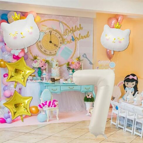 Cat Balloons White Number 1 Balloon Cat Birthday Decorations White Cat Foil Balloon 1th Birthday Decorations for Girl in Kuwait