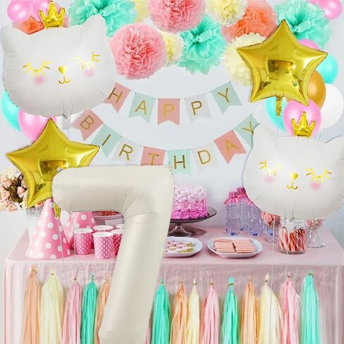 Cat Balloons White Number 1 Balloon Cat Birthday Decorations White Cat Foil Balloon 1th Birthday Decorations for Girl in Kuwait