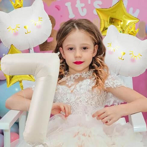 Cat Balloons White Number 1 Balloon Cat Birthday Decorations White Cat Foil Balloon 1th Birthday Decorations for Girl in Kuwait