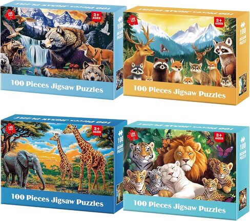 4-Pack 100 Piece Puzzles for Kids Ages 6-8 8-10 Year Old Large Piece Puzzles for Seniors 100 Pieces Jigsaw Puzzles for Kids Ages 4-6, Learning Educational Toys for Boys and Girls- Dogs Kittens Donuts in Kuwait