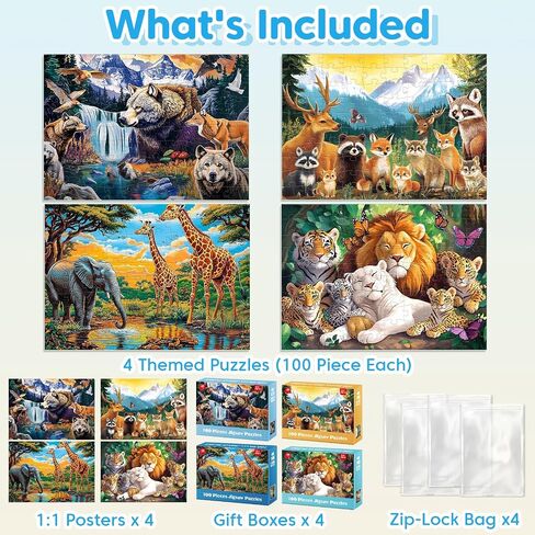 4-Pack 100 Piece Puzzles for Kids Ages 6-8 8-10 Year Old Large Piece Puzzles for Seniors 100 Pieces Jigsaw Puzzles for Kids Ages 4-6, Learning Educational Toys for Boys and Girls- Dogs Kittens Donuts in Kuwait