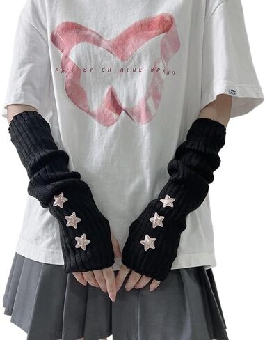 Y2K Coquette Stars Arm Warmers Cute Knit Fingerless Gloves Gyaru Harajuke Lolita Arm Covers w/Thumb Hole Arm Sleeve in Kuwait