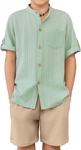 Arshiner Boy's 2 Piece Beach Outfit Short Sleeve Textured Button Down Shirt and Short Sets Summer Vacation Wear 4-12 Years in Saudi Arabia