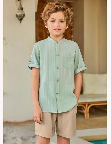 Arshiner Boy's 2 Piece Beach Outfit Short Sleeve Textured Button Down Shirt and Short Sets Summer Vacation Wear 4-12 Years in Saudi Arabia