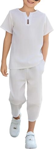 Arshiner Boy's 2 قطع الملابس مجموعة قميص Henley قميص قصير وسروال حريم كابري الساق واسعة الساق شاطئ الصيف شاطئ in Kuwait