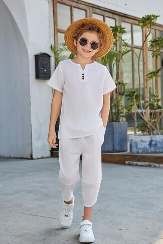 Arshiner Boy's 2 قطع الملابس مجموعة قميص Henley قميص قصير وسروال حريم كابري الساق واسعة الساق شاطئ الصيف شاطئ in Kuwait