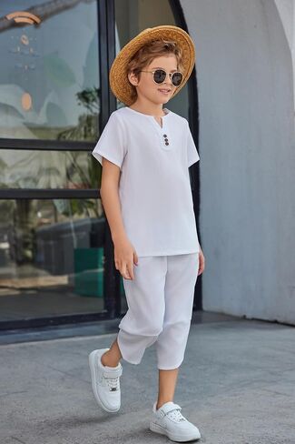 Arshiner Boy's 2 قطع الملابس مجموعة قميص Henley قميص قصير وسروال حريم كابري الساق واسعة الساق شاطئ الصيف شاطئ in Kuwait