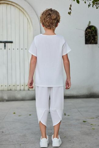 Arshiner Boy's 2 قطع الملابس مجموعة قميص Henley قميص قصير وسروال حريم كابري الساق واسعة الساق شاطئ الصيف شاطئ in Kuwait