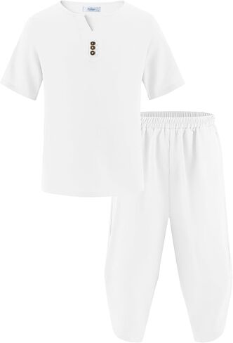 Arshiner Boy's 2 قطع الملابس مجموعة قميص Henley قميص قصير وسروال حريم كابري الساق واسعة الساق شاطئ الصيف شاطئ in Kuwait