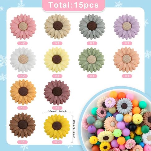 30mm Silicone Focal Beads for Pens, 15pcs Sunflower Silicone Beads for Keychain Making Bracelet Necklace Making DIY Craft(Mixed color) in Kuwait