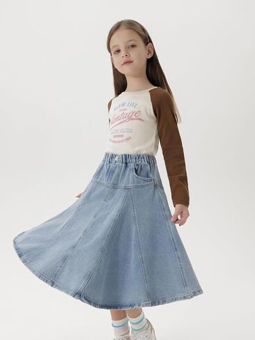 marc & janie Girls Loose Ruffle Long Denim Skirt Kids Cotton Soft A Line Half Jean Skirts 250135 in Saudi Arabia