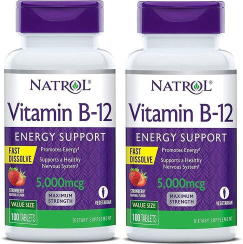 Natrol Vitamin B12 Fast Dissolve Tablets, Promotes Energy, Supports a Healthy Nervous System, Maximum Strength, Strawberry Flavor, 5,000mcg, 100 Count in Kuwait