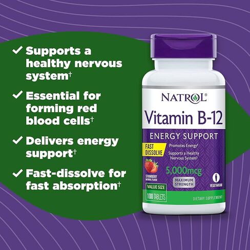 Natrol Vitamin B12 Fast Dissolve Tablets, Promotes Energy, Supports a Healthy Nervous System, Maximum Strength, Strawberry Flavor, 5,000mcg, 100 Count in Kuwait