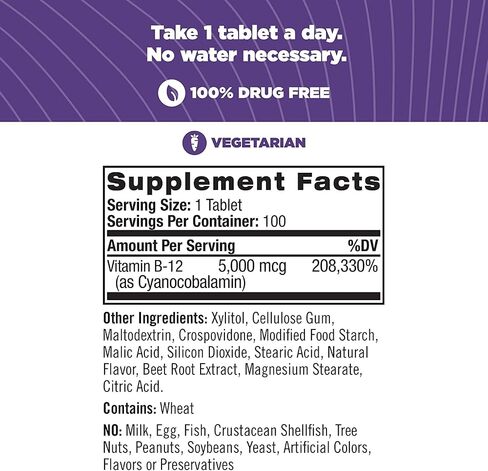 Natrol Vitamin B12 Fast Dissolve Tablets, Promotes Energy, Supports a Healthy Nervous System, Maximum Strength, Strawberry Flavor, 5,000mcg, 100 Count in Kuwait